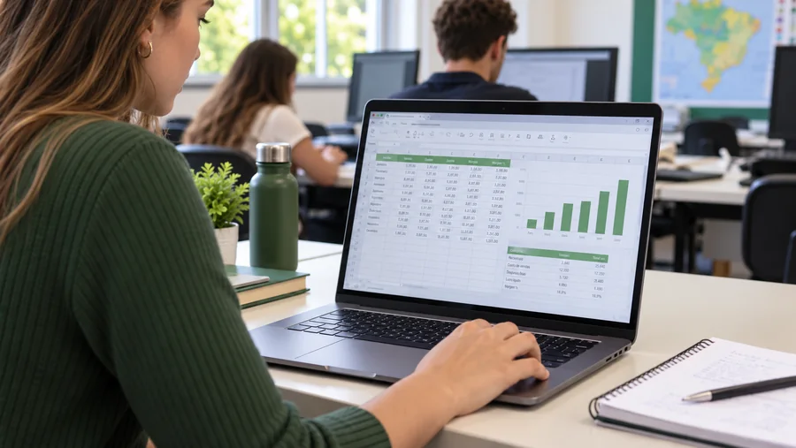Estudante organizando uma planilha e gráficos em um notebook