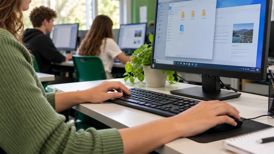 Estudante praticando informática em uma sala de computadores