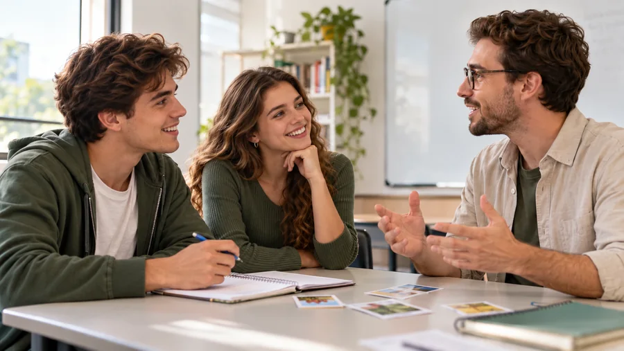 Alunos praticando conversação em inglês com um professor