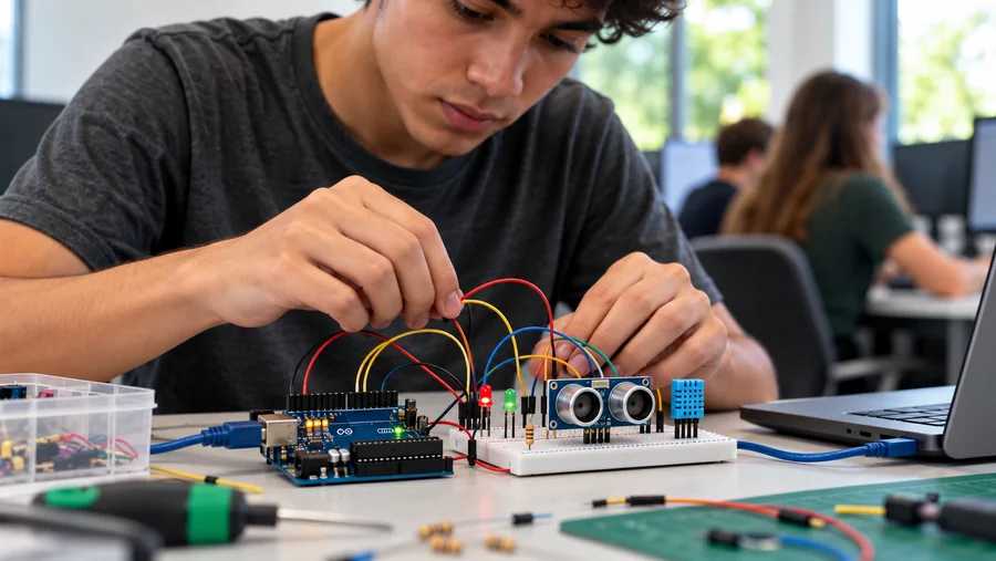 Estudante montando um projeto com Arduino, protoboard e sensores